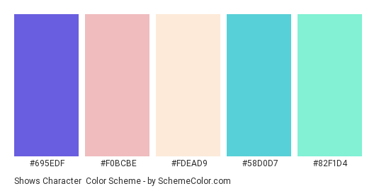 Shows Character - Color scheme palette thumbnail - #695edf #f0bcbe #fdead9 #58d0d7 #82f1d4 