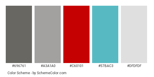 Completely Different House - Color scheme palette thumbnail - #696761 #a3a1a0 #c60101 #57bac3 #dfdfdf 