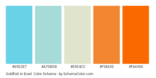 Goldfish In Bowl - Color scheme palette thumbnail - #69D2E7 #A7DBD8 #E0E4CC #F38630 #FA6900 