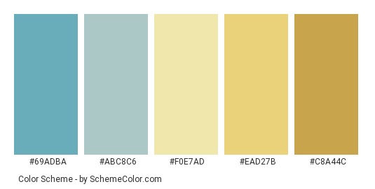 Sand Castle - Color scheme palette thumbnail - #69adba #abc8c6 #f0e7ad #ead27b #c8a44c 