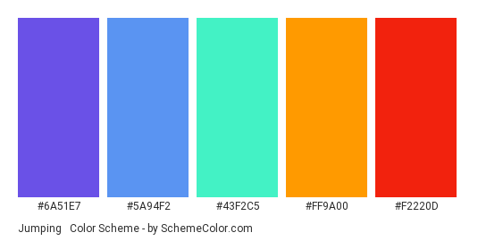 Jumping & Happy - Color scheme palette thumbnail - #6A51E7 #5A94F2 #43F2C5 #ff9a00 #F2220D 