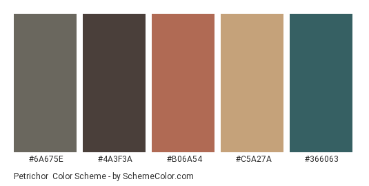 Petrichor - Color scheme palette thumbnail - #6A675E #4A3F3A #B06A54 #C5A27A #366063 