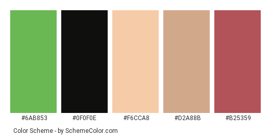 Wearing a Leopard Print - Color scheme palette thumbnail - #6AB853 #0F0F0E #F6CCA8 #D2A88B #B25359 