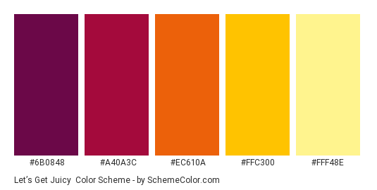 Let’s Get Juicy - Color scheme palette thumbnail - #6B0848 #A40A3C #EC610A #FFC300 #FFF48E 