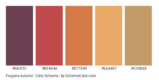Forgone Autumn - Color scheme palette thumbnail - #6B4151 #BF4A4A #D77849 #EAA867 #C39B68 
