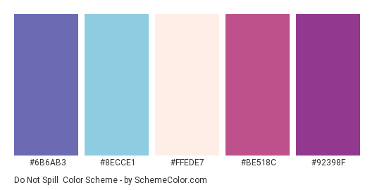 Do Not Spill - Color scheme palette thumbnail - #6B6AB3 #8ECCE1 #FFEDE7 #BE518C #92398F 