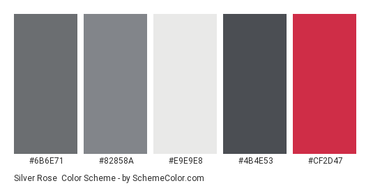 Silver Rose - Color scheme palette thumbnail - #6B6E71 #82858A #E9E9E8 #4B4E53 #CF2D47 