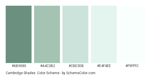 Cambridge Shades - Color scheme palette thumbnail - #6B9080 #A4C3B2 #CBE3DB #E4F4EE #F9FFFC 