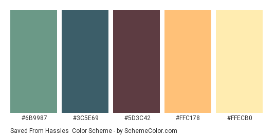 Saved From Hassles - Color scheme palette thumbnail - #6B9987 #3C5E69 #5D3C42 #FFC178 #FFECB0 
