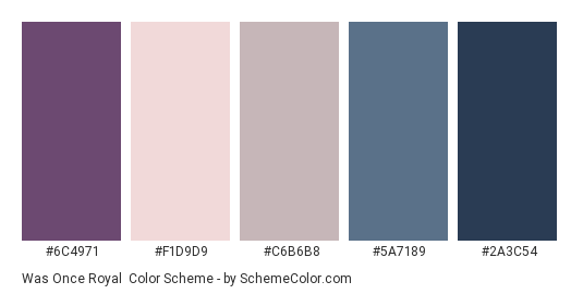 Was Once Royal - Color scheme palette thumbnail - #6C4971 #F1D9D9 #C6B6B8 #5A7189 #2A3C54 