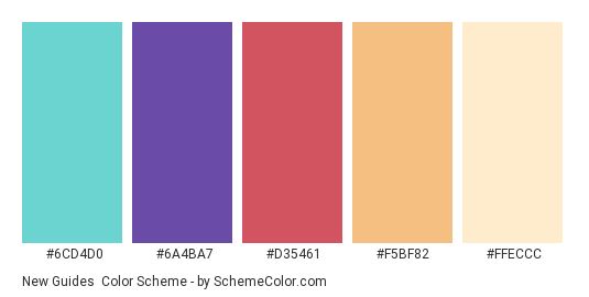 New Guides - Color scheme palette thumbnail - #6CD4D0 #6A4BA7 #D35461 #F5BF82 #FFECCC 