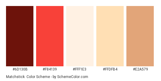 Matchstick - Color scheme palette thumbnail - #6D130B #F84139 #FFF1E3 #FFDFB4 #E2A579 