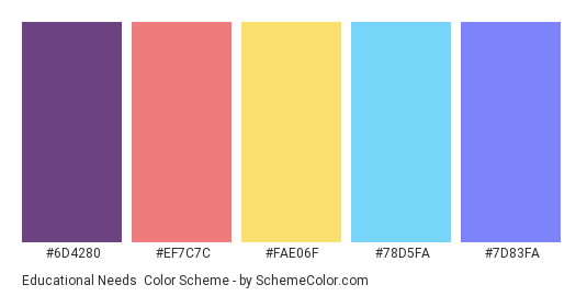 Educational Needs - Color scheme palette thumbnail - #6D4280 #EF7C7C #FAE06F #78D5FA #7D83FA 