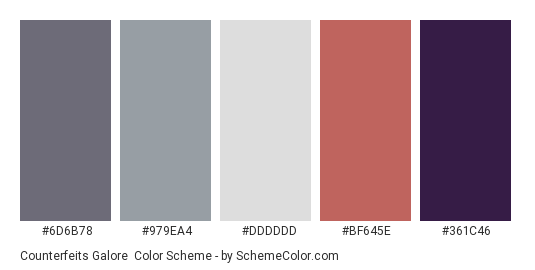 Counterfeits Galore - Color scheme palette thumbnail - #6D6B78 #979EA4 #DDDDDD #BF645E #361C46 