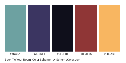 Back to your Room - Color scheme palette thumbnail - #6DA1A1 #3B3561 #0F0F1B #8F3636 #F8B661 