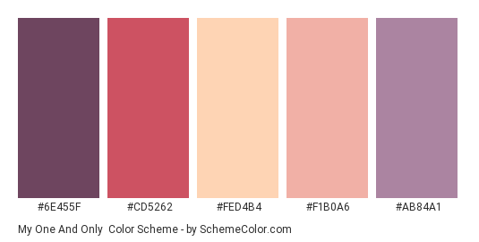 My One and Only - Color scheme palette thumbnail - #6E455F #CD5262 #FED4B4 #f1b0a6 #ab84a1 