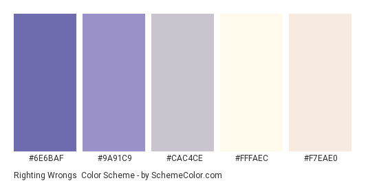 Righting Wrongs - Color scheme palette thumbnail - #6E6BAF #9A91C9 #CAC4CE #FFFAEC #F7EAE0 