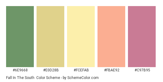 Fall in the South - Color scheme palette thumbnail - #6E9668 #E0D28B #FCEFAB #FBAE92 #C97B95 