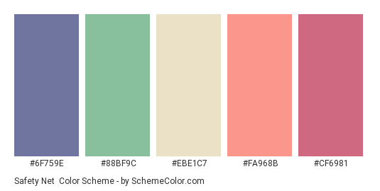 Safety Net - Color scheme palette thumbnail - #6F759E #88BF9C #EBE1C7 #FA968B #CF6981 