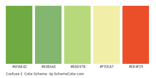 Confuse 2 - Color scheme palette thumbnail - #6FAB42 #83B66E #B8D97B #F1EEA7 #EB4F29 