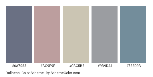 Dullness - Color scheme palette thumbnail - #6a7083 #bc9e9e #cbc5b3 #9b9da1 #738d9b 