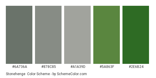 Stonehenge - Color scheme palette thumbnail - #6a736a #878c85 #a1a39d #5a863f #2e6b24 