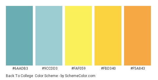 Back to College - Color scheme palette thumbnail - #6aadb3 #9ccdd3 #faf059 #fbd340 #f5a843 