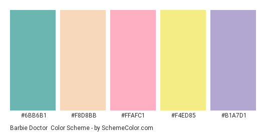 Barbie Doctor - Color scheme palette thumbnail - #6bb6b1 #f8d8bb #ffafc1 #f4ed85 #b1a7d1 