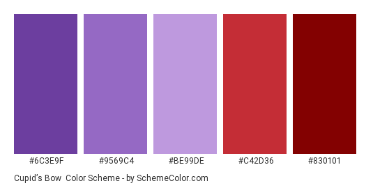 Cupid’s Bow - Color scheme palette thumbnail - #6c3e9f #9569c4 #be99de #c42d36 #830101 