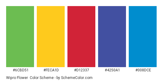 Wipro Flower - Color scheme palette thumbnail - #6cbd51 #feca1d #d12337 #4250a1 #008dce 