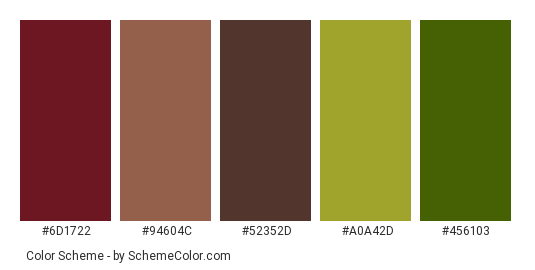 Window Shutters & Vines - Color scheme palette thumbnail - #6d1722 #94604c #52352d #a0a42d #456103 