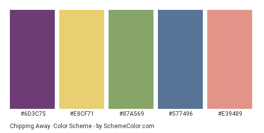 Chipping Away - Color scheme palette thumbnail - #6d3c75 #e8cf71 #87a569 #577496 #e39489 
