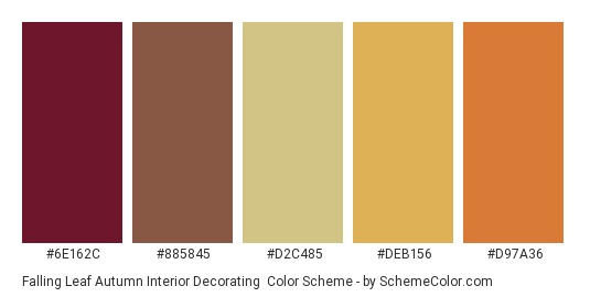 Falling Leaf Autumn Interior Decorating - Color scheme palette thumbnail - #6e162c #885845 #d2c485 #deb156 #d97a36 
