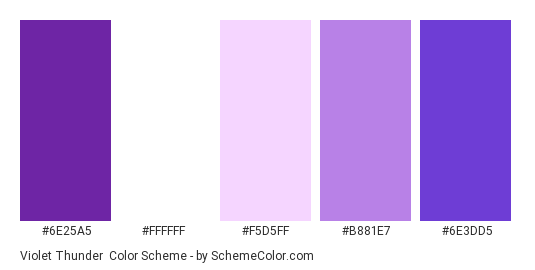 Violet Thunder - Color scheme palette thumbnail - #6e25a5 #ffffff #f5d5ff #b881e7 #6e3dd5 