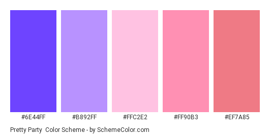 Pretty Party - Color scheme palette thumbnail - #6e44ff #b892ff #ffc2e2 #ff90b3 #ef7a85 