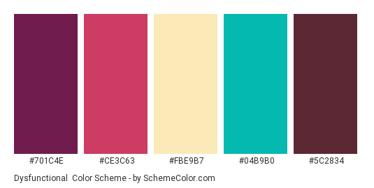Dysfunctional - Color scheme palette thumbnail - #701C4E #CE3C63 #FBE9B7 #04B9B0 #5C2834 