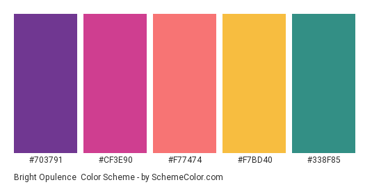 Bright Opulence - Color scheme palette thumbnail - #703791 #CF3E90 #F77474 #F7BD40 #338F85 