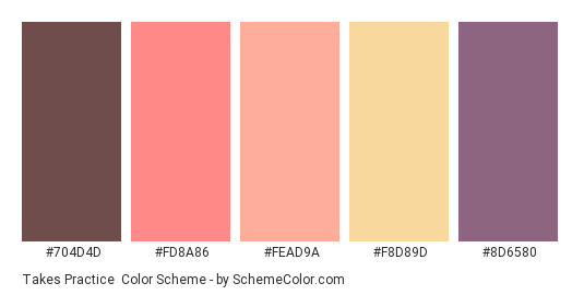 Takes Practice - Color scheme palette thumbnail - #704D4D #FD8A86 #FEAD9A #F8D89D #8D6580 