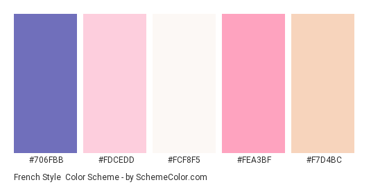 French Style - Color scheme palette thumbnail - #706FBB #FDCEDD #FCF8F5 #FEA3BF #F7D4BC 