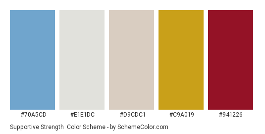 Supportive Strength - Color scheme palette thumbnail - #70A5CD #E1E1DC #D9CDC1 #C9A019 #941226 