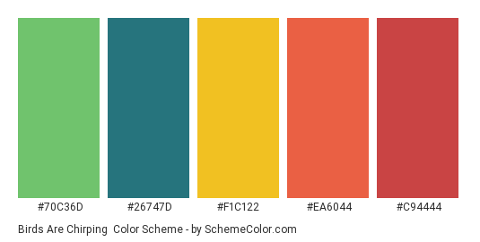 Birds are Chirping - Color scheme palette thumbnail - #70C36D #26747D #F1C122 #EA6044 #C94444 