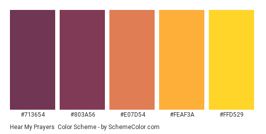 Hear My Prayers - Color scheme palette thumbnail - #713654 #803a56 #e07d54 #feaf3a #ffd529 