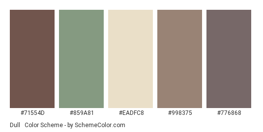 Dull & Rotten - Color scheme palette thumbnail - #71554D #859A81 #EADFC8 #998375 #776868 