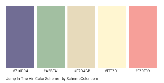Jump in the Air - Color scheme palette thumbnail - #716D94 #A2BFA1 #E7DABB #FFF6D1 #F69F99 