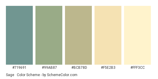 Sage & Yellow Pastels - Color scheme palette thumbnail - #719691 #99AB87 #BCB78D #F5E2B3 #FFF3CC 