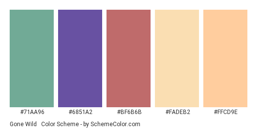 Gone Wild & Crazy - Color scheme palette thumbnail - #71aa96 #6851a2 #bf6b6b #fadeb2 #ffcd9e 