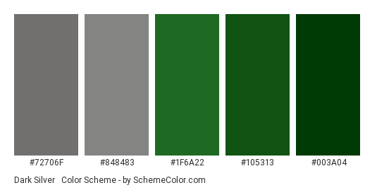 Dark Silver & Green - Color scheme palette thumbnail - #72706f #848483 #1f6a22 #105313 #003a04 