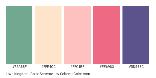 Love Kingdom - Color scheme palette thumbnail - #72A88F #FFE4CC #FFC1BF #EE6983 #5D538C 