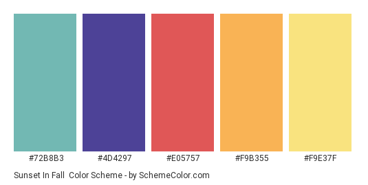 Sunset in Fall - Color scheme palette thumbnail - #72B8B3 #4D4297 #E05757 #F9B355 #F9E37F 