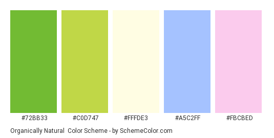 Organically Natural - Color scheme palette thumbnail - #72bb33 #c0d747 #fffde3 #a5c2ff #fbcbed 